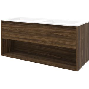 Proline Elegant Badmeubel Met Open Vak Met Polystone Wastafel Zonder Kraangat - Cabana Oak/Mat Wit - 120x46cm  - Badkamermeubels - Badmeubel Sets