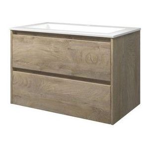 Proline Elegant Badmeubel Met Polystone Wastafel Met 1 Kraangat En Onderkast Symmetrisch - Raw Oak/Glans Wit - 80x46cm  - Badkamermeubels - Badmeubel