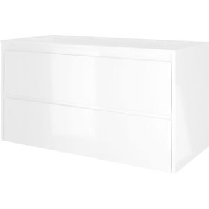 Proline Elegant badmeubel met polystone wastafel zonder kraangat en onderkast symmetrisch - Glans wit/Glans wit - 100x46cm (bxd)