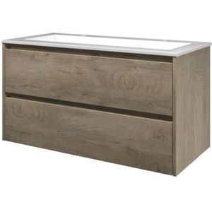 Proline Elegant Badmeubel Met Polystone Wastafel Met 2 Kraangaten En Onderkast Symmetrisch - Raw Oak/Glans Wit - 100x46cm  - Badkamermeubels