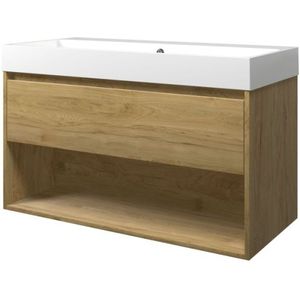 Proline Loft Badmeubel Met Open Vak Met Polystone Wastafel Zonder Kraangat - Ideal Oak/Glans Wit - 100x46cm  - Badkamermeubels - Badmeubel Sets