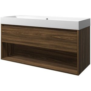 Proline Loft Badmeubel Met Open Vak Met Polystone Wastafel Zonder Kraangat - Cabana Oak/Mat Wit - 120x46cm  - Badkamermeubels - Badmeubel Sets