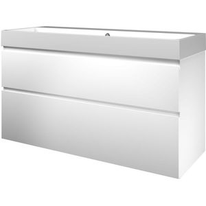 Proline Loft badmeubel met polystone wastafel zonder kraangat en onderkast a-symmetrisch - Mat wit/Glans wit - 120x46cm (bxd)