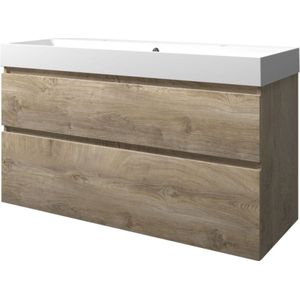 Proline polystone Loft wastafelonderkast met 2 asymmetrische lades en polystone wastafel met 2 kraangaten 120 x 70 x 46 cm, raw oak / mat wit