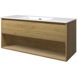 Proline Elegant Badmeubel Met Open Vak Met Keramische Wastafel Enkel Met 1 Kraangat - Ideal Oak - 120x46cm  - Badkamermeubels - Badmeubel Sets