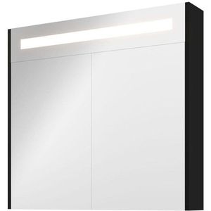 Proline Premium spiegelkast met LED verlichting - met 2 houten deur - Mat zwart - 80x74cm