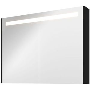 Proline Premium spiegelkast met LED verlichting - met 2 houten deur - Mat zwart - 100x74cm