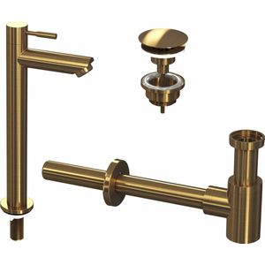 Fonteinkraanset ink hoog model inclusief waste en design sifon brushed mat goud
