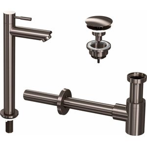 Ink Combi Set 2a Fonteinkraan Staand Hoog, Always Open Plug En Design Sifon - Metal Black - Kranen - Fonteinkranen - Opbouw Fonteinkranen