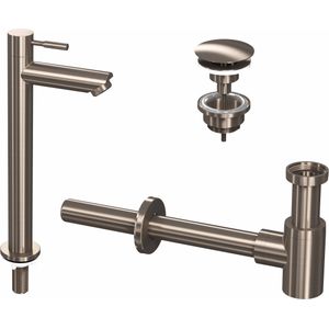 Ink combi set 2a fonteinkraan staand hoog, always open plug en design sifon - brushed nickel