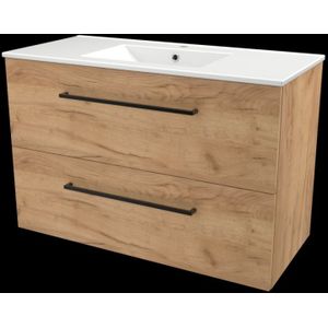 Basic Line 46 Badmeubel 100x46cm - Opbouwgrepen - 2 Laden - Porseleinen Wastafel Met 1 Kraangat - Whisky Oak - Grepen Chroom - Badkamermeubels