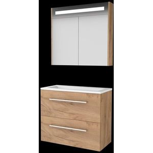 Basic Premium 39 badmeubelset met spiegelkast met geïntegreerde LED verlichting, wastafelonderkast met grepen, 2 lades en acryl wastafel met 1