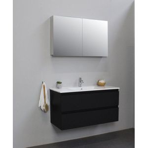 Basic Line Bella Badkamermeubelset - 100x55x46cm - 1 wasbak - Keramiek - Wit - 1 kraangat - Spiegelkast zonder verlichting - Melamine Zwart mat SWGA100MZP1SPK