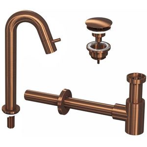 Ink Kranen Combiset 5A Fonteinkraan Staand Gebogen Hoog Met Always Open Plug En Sifon Mat Rose Goud - Kranen - Fonteinkranen - Opbouw Fonteinkranen
