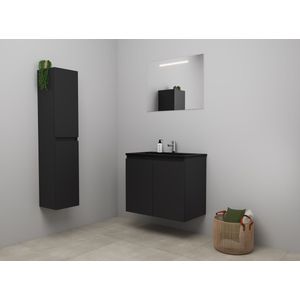 Bewonen Luuk badmeubel met 2 deuren - 80x46cm - acryl wastafel zwart - 1 kraangaten - mat zwart - LED spiegel - bouwpakket