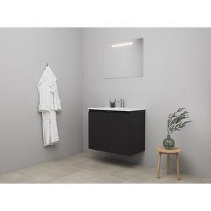 Bewonen Luuk badmeubel met 2 deuren - 80x46cm - keramiek wastafel wit - 1 kraangaten - mat zwart - LED spiegel - bouwpakket