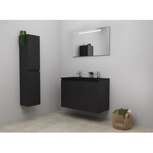 Bewonen Luuk badmeubel met 2 deuren - 100x46cm - acryl wastafel zwart - 2 kraangaten - mat zwart - LED spiegel - bouwpakket