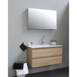 Basic Line Bella Badkamermeubelset - 100x55x46cm - 1 wasbak - Keramiek - Wit - 1 kraangat - Spiegelkast zonder verlichting - MDF Eiken SWGA100EIP1SPK