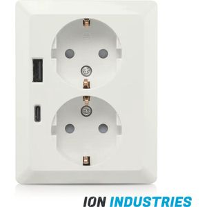 ION industries stopcontact half opbouw 2-voudig met randaarde en USB A + USB C - alpin wit glanzend (10.300.614) - wandcontactdoos