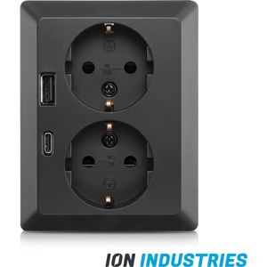 ION industries stopcontact half opbouw 2-voudig met randaarde en USB A + USB C - mat zwart (10.300.616) - wandcontactdoos