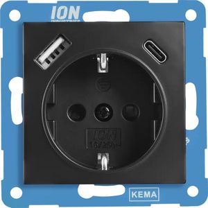 ION industries stopcontact met randaarde en USB A + USB C met kinderbeveiliging E1 Mat Zwart (10.302.416) - wandcontactdoos