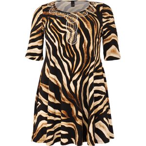 Tunik - Tijgerprint - Korte Mouwen - Wide Bottom Pasvorm - Ronde Hals met Strass