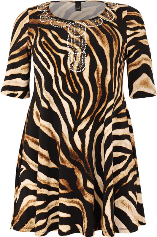 Tunik - Tijgerprint - Korte Mouwen - Wide Bottom Pasvorm - Ronde Hals met Strass