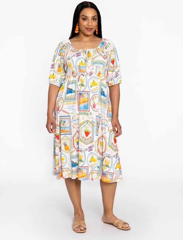 YOEK - Midi Jurk - Multi - Korte Mouwen - Ronde Hals