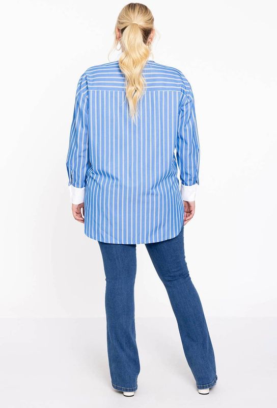 Blouse - Blauw-Wit Gestreept - RIGHE - Katoenmix - Met Knoopjes