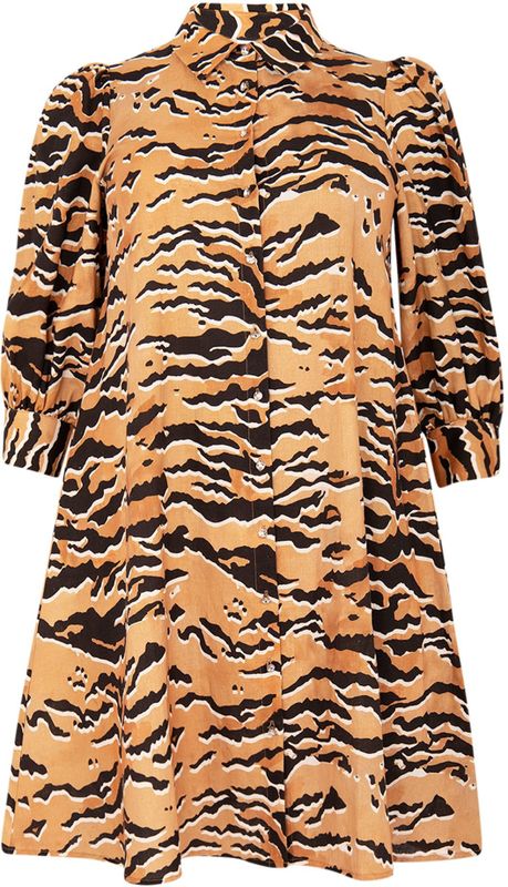 YOEK - A-lijn Jurk - Lichtoranje/Zwart - Dierenprint - Knielengte