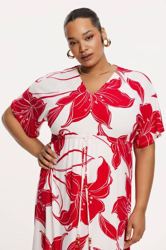 YOEK - A-lijn Jurk - Rood - Lang Model - V-hals - Lange Mouwen