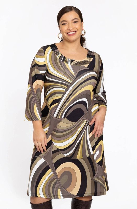 Jurk - EMILY - A-lijn - Retroprint - Bruin Oker Zand