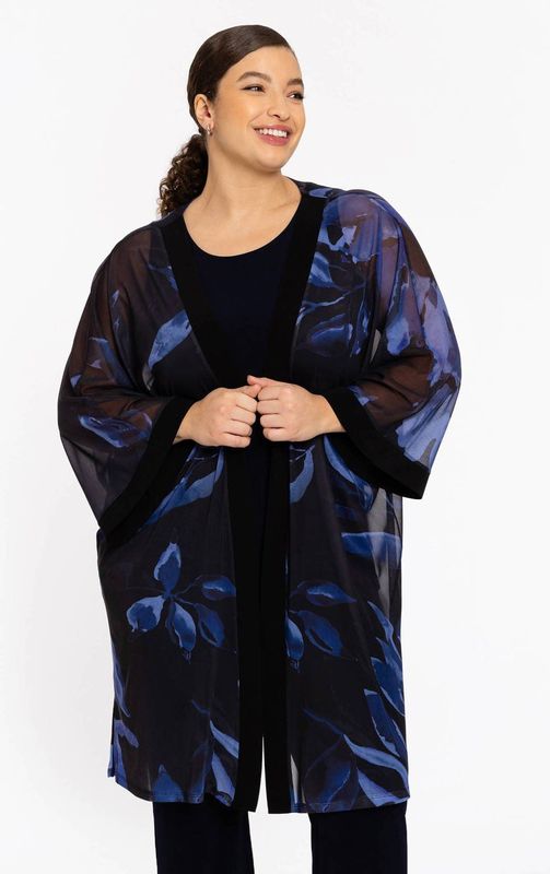 Kimono - VALENTINE - Bloemenprint - Diepe Blauwtinten - Semi-transparante Mesh