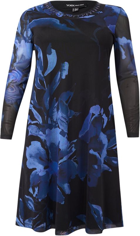 Jurk - Diepblauw Bloemenpatroon - VALENTINE - A-lijn Jurken