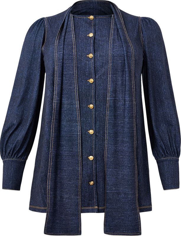 Tuniek - DENIM DOLCE - Met Strik - Zachte Denimlook - Lange Pofmouwen