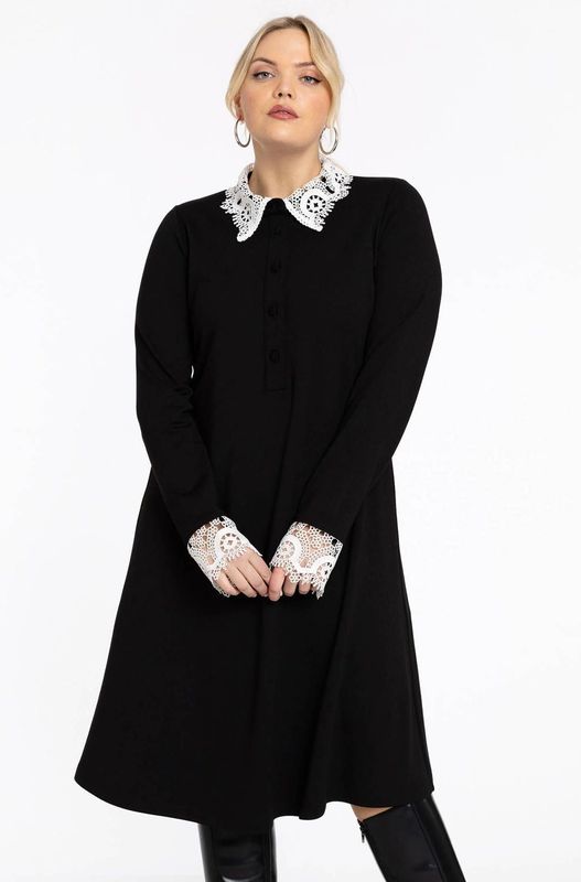 VERO - A-lijn Jurk - Zwart - Met Kanten Details - Lange Mouwen