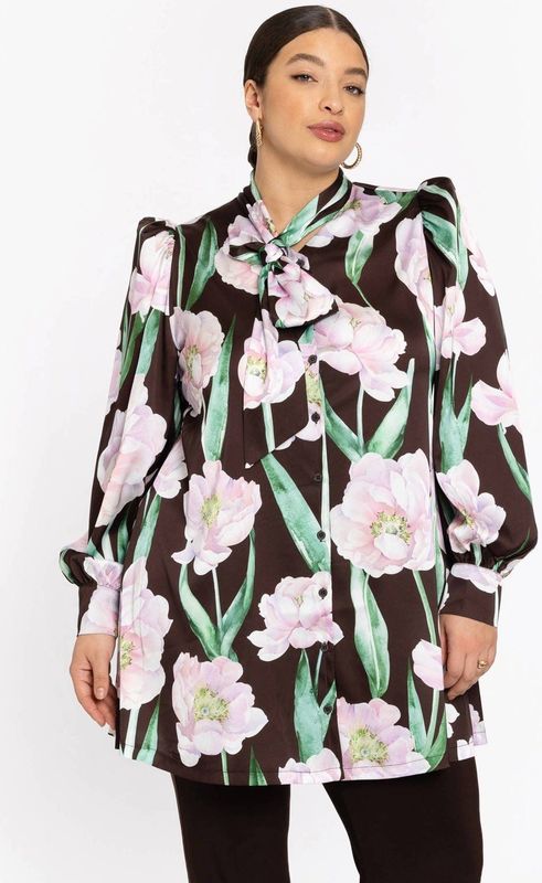 FIORITO - Satijnen Blouse - Donkerbruin - Grote Bloemenprint