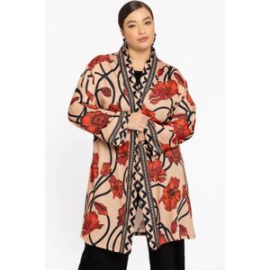 Vest - PAPAVERO - Zandkleurig - Cardigan - Bloemenprint in Roodtinten