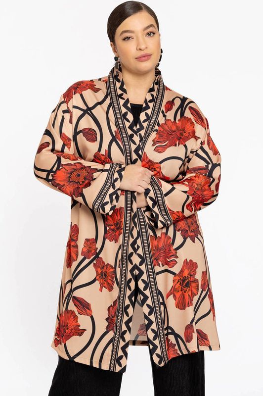 Vest - PAPAVERO - Zandkleurig - Cardigan - Bloemenprint in Roodtinten