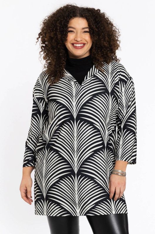 Tuniek - Zwart-witte Print - Palmbladmotief - Driekwartmouwen