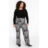 Pantalon - Zwart-witte Palmprint - Rechte Wijde Pijp - Elastische Tailleband
