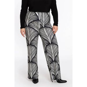 Pantalon - Zwart-witte Palmprint - Rechte Wijde Pijp - Elastische Tailleband