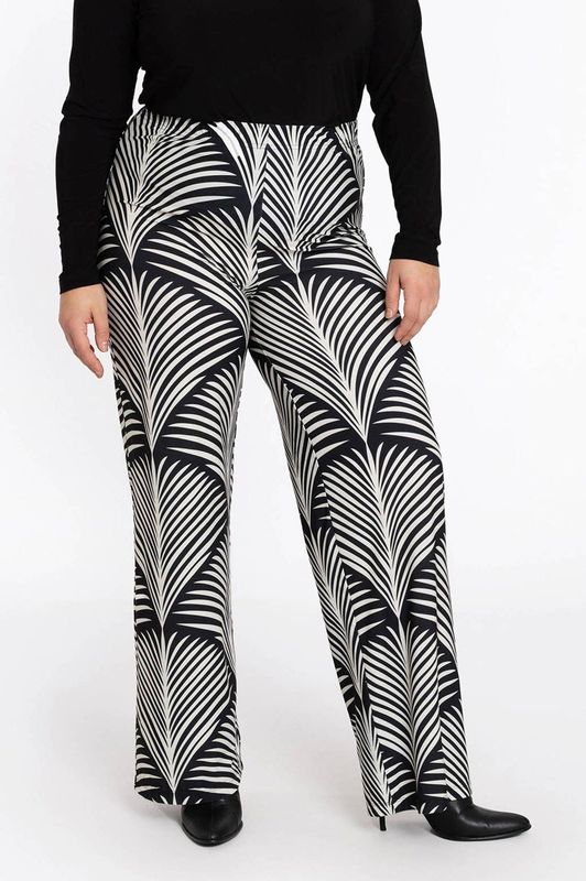 Pantalon - Zwart-witte Palmprint - Rechte Wijde Pijp - Elastische Tailleband