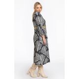 Jurk - Zwart-witte Palmprint - A-lijn Model - Gouden Detail