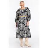 Jurk - Zwart-witte Palmprint - A-lijn Model - Gouden Detail