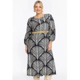 Jurk - Zwart-witte Palmprint - A-lijn Model - Gouden Detail