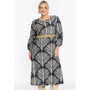 Jurk - Zwart-witte Palmprint - A-lijn Model - Gouden Detail