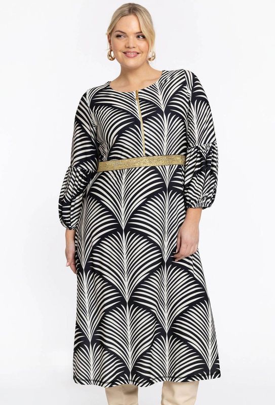 Jurk - Zwart-witte Palmprint - A-lijn Model - Gouden Detail