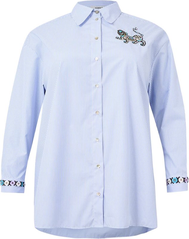 Blouse - Lichtblauw - Gestreept - Met Borduursel