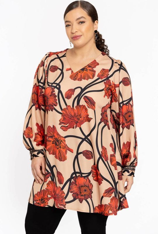 Tuniek - PAPAVERO - Wide Bottom - A-lijn - V-hals - Pofmouwen